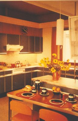 Typische Küche in den Farben und Formern der 1970er Jahre mit kleiner Essecke. (Foto AMK)
